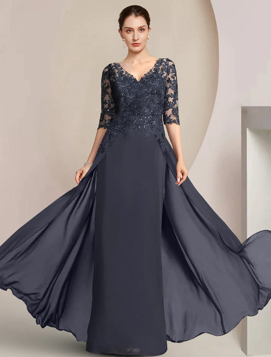 Sheath / Column Mother of the Bride Dress Formal Wedding Guest Elegant V Neck Floor Length Chiffon Lace Half Sleeve with Sequin Appliques