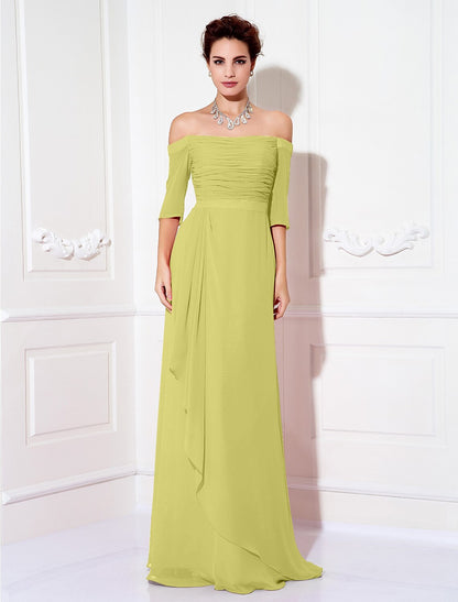 Sheath / Column Minimalist Dress Wedding Guest Formal Evening Sweep / Brush Train Half Sleeve Off Shoulder Bridesmaid Dress Chiffon with Ruched Draping