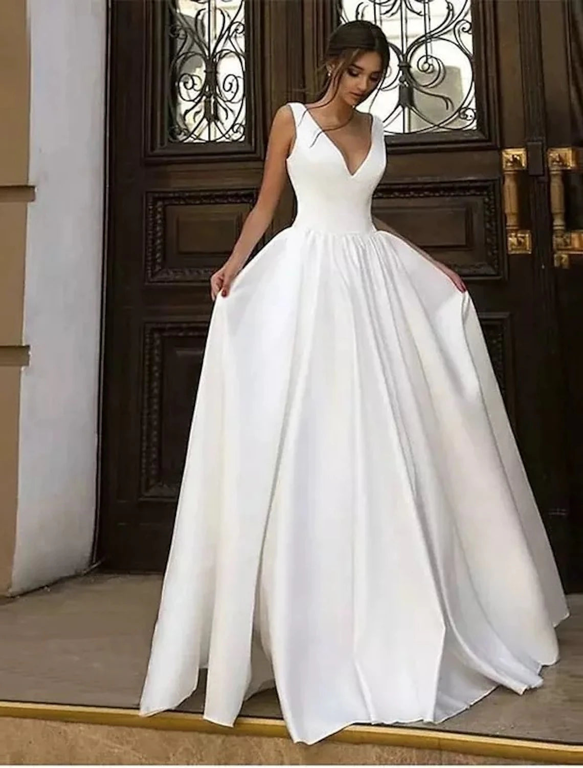 Reception Casual Formal Wedding Dresses A-Line V Neck Sleeveless Floor Length Satin Bridal Gowns With Pleats