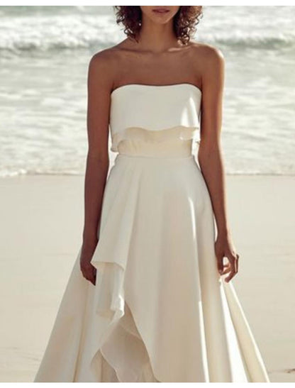 Beach Little White Dresses Wedding Dresses A-Line Off Shoulder Strapless Sweep / Brush Train Satin Bridal Gowns With Pleats Solid Color