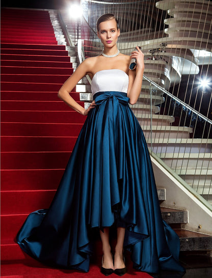 A-Line Chic & Modern Color Block Minimalist Formal Evening Black Tie Gala Dress Strapless Backless Sleeveless Asymmetrical Satin with Bow(s) Pleats