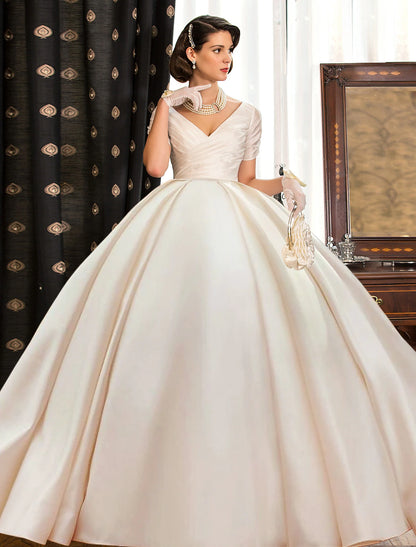 Engagement Formal Wedding Dresses Ball Gown V Neck Short Sleeve Court Train Satin Bridal Gowns With Ruched