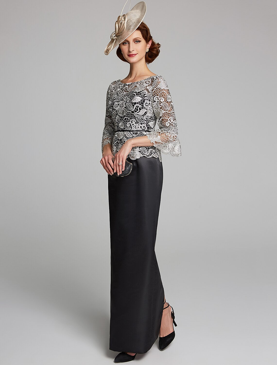 Sheath / Column Mother of the Bride Dress Jewel Neck Floor Length Satin Lace 3/4 Length Sleeve with Lace