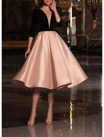 A-Line Flirty Empire Graduation Cocktail Party Dress V Neck Half Sleeve Tea Length Satin with Pleats