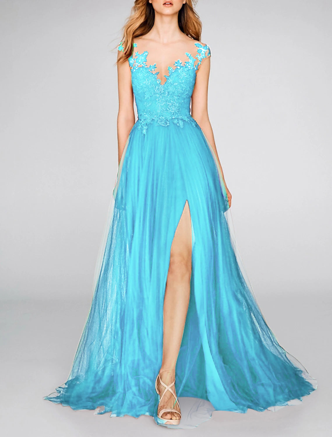 A-Line Evening Gown Party Dress Sexy Dress Engagement Prom Court Train Sleeveless V Neck Chiffon with Slit Appliques