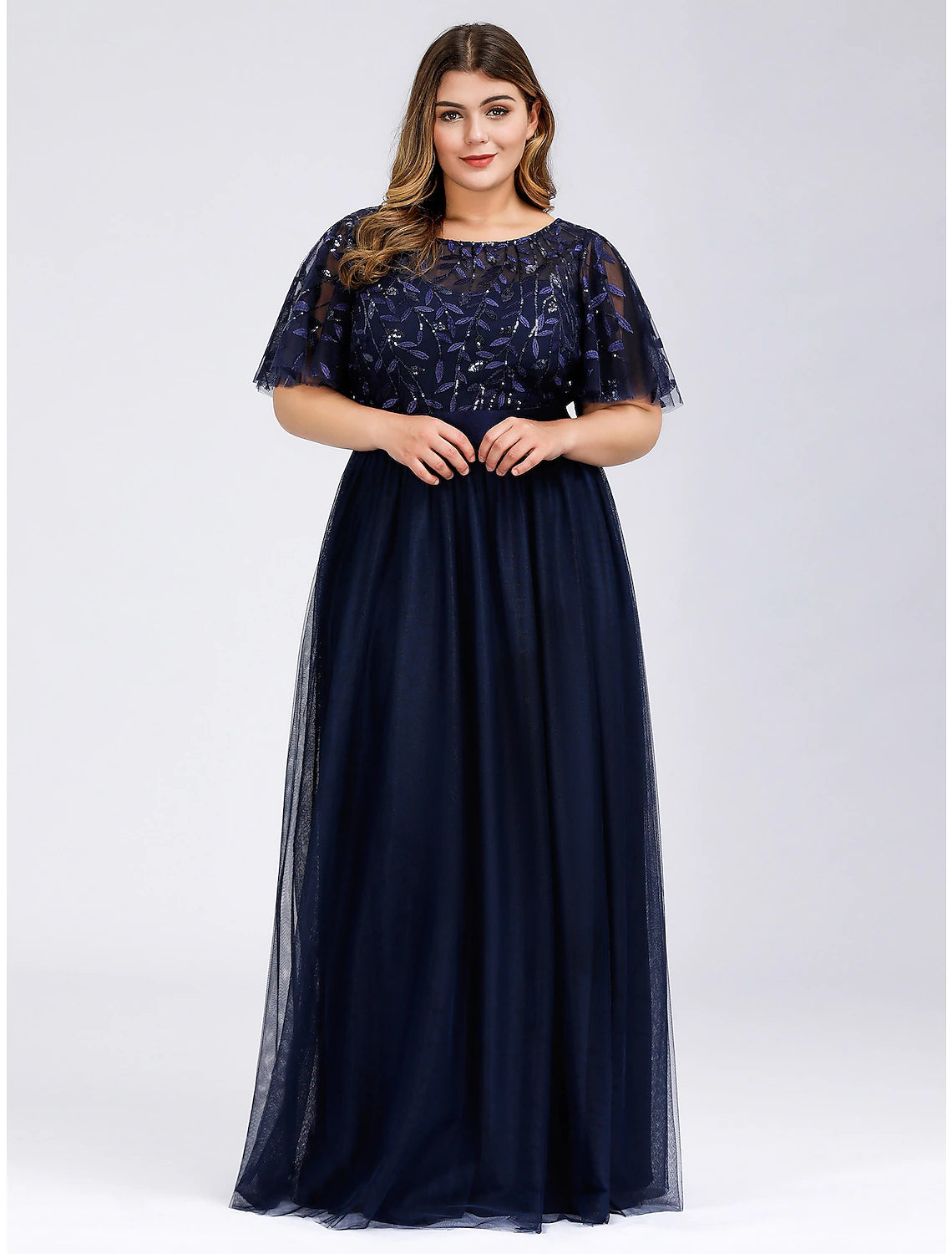 A-Line Prom Dresses Plus Size Dress Wedding Guest Floor Length Short Sleeve Jewel Neck Chiffon with Appliques