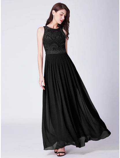 A-Line Prom Dresses Maxi Dress Wedding Guest Floor Length Sleeveless Jewel Neck Chiffon with Pleats