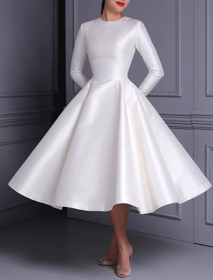 Ball Gown Cocktail Dresses Cute Dress Wedding Tea Length Long Sleeve Jewel Neck Fall Wedding Guest Satin with Pleats Pure Color