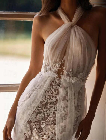 Little White Dresses Boho Wedding Dresses Sheath / Column Camisole Sleeveless Court Train Lace Bridal Gowns With Beading Embroidery