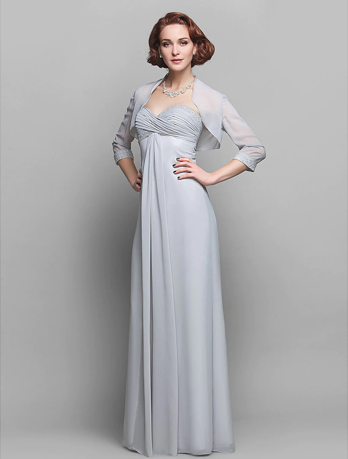 Sheath / Column Mother of the Bride Dress Wrap Included Sweetheart Floor Length Chiffon 3/4 Length Sleeve with Criss Cross Beading