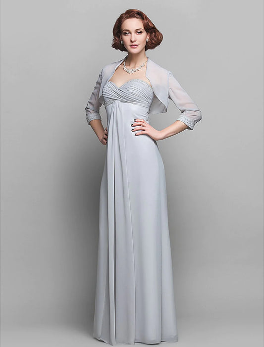 Sheath / Column Mother of the Bride Dress Wrap Included Sweetheart Floor Length Chiffon 3/4 Length Sleeve with Criss Cross Beading