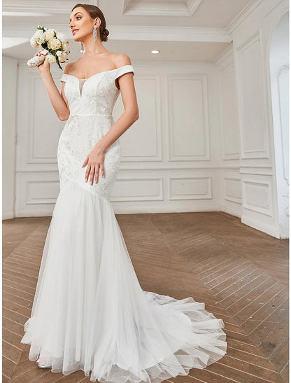 Reception Vintage Wedding Dresses A-Line Off Shoulder Cap Sleeve Sweep / Brush Train Lace Bridal Gowns With Lace Appliques