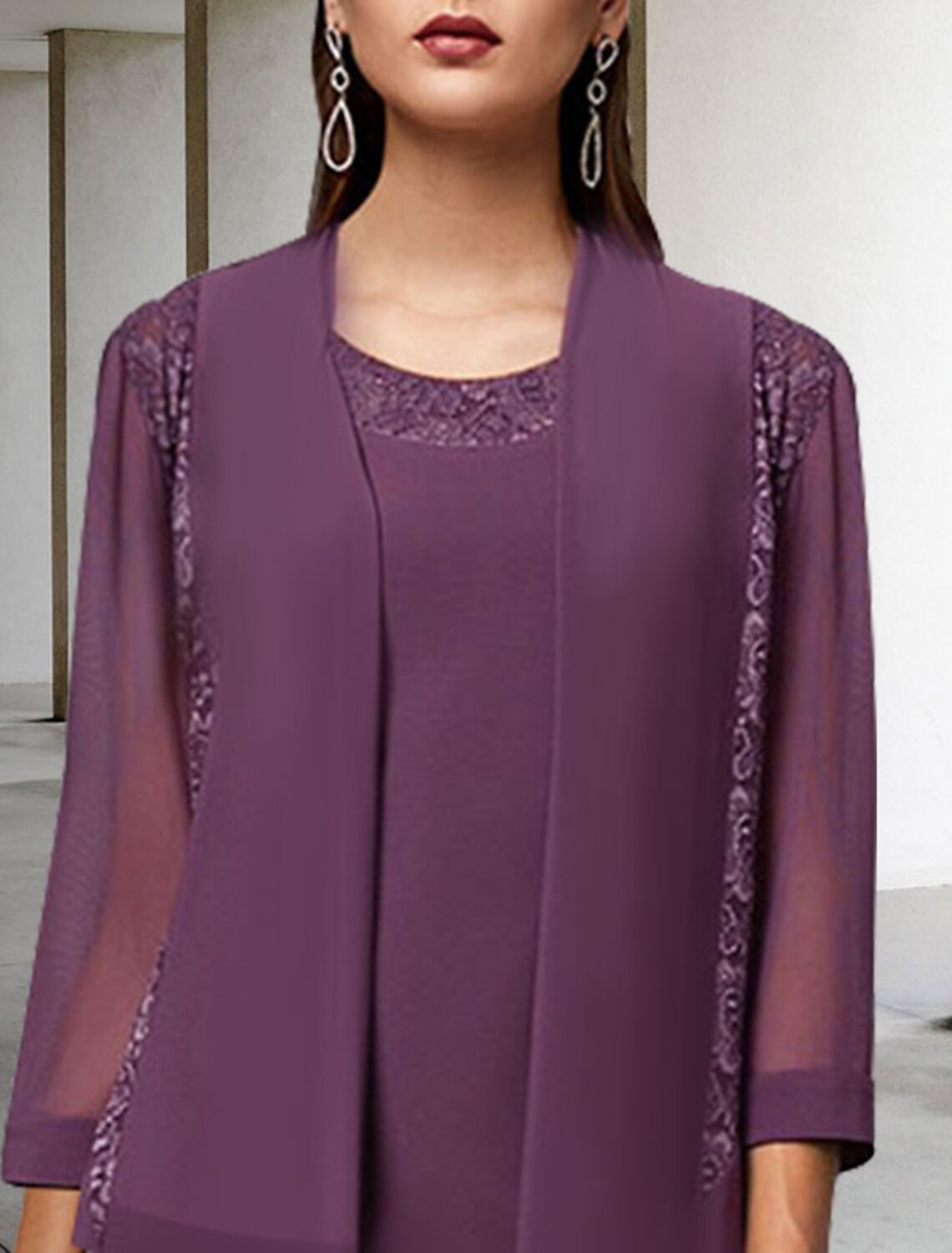 Two Piece A-Line Mother of the Bride Dress Elegant Jewel Neck Tea Leng ...