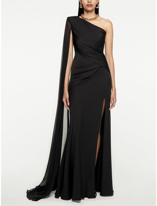 A-Line Evening Gown Elegant Dress Formal Sweep / Brush Train Sleeveless One Shoulder Imitation Silk with Pleats Ruched Slit