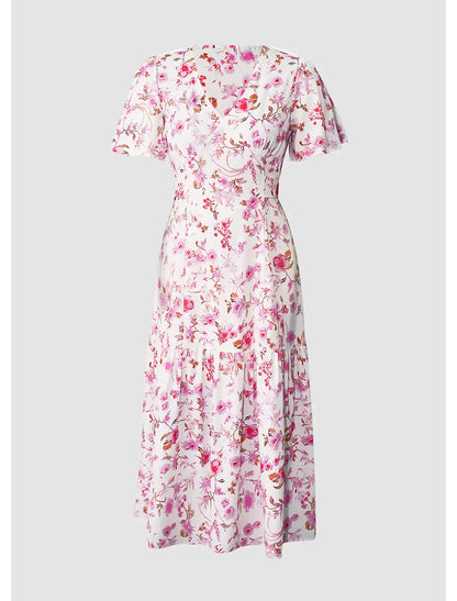 A-Line Wedding Guest Dresses Floral Dress Holiday Tea Length Short Sleeve V Neck Polyester with Print