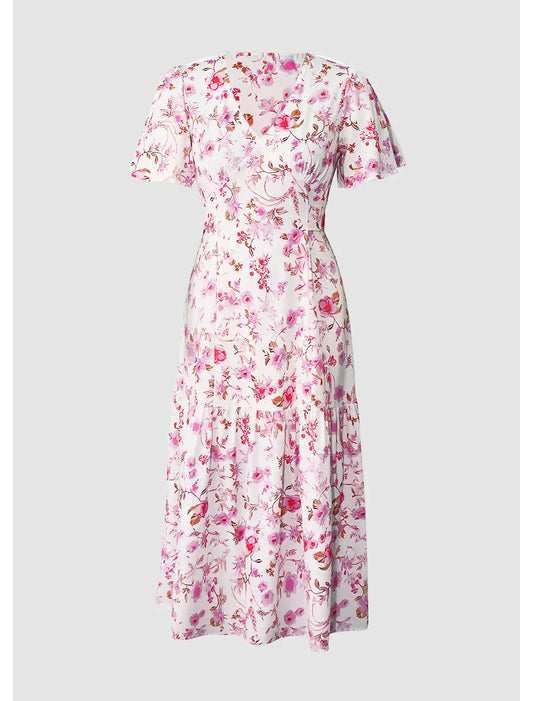 A-Line Wedding Guest Dresses Floral Dress Holiday Tea Length Short Sleeve V Neck Polyester with Print