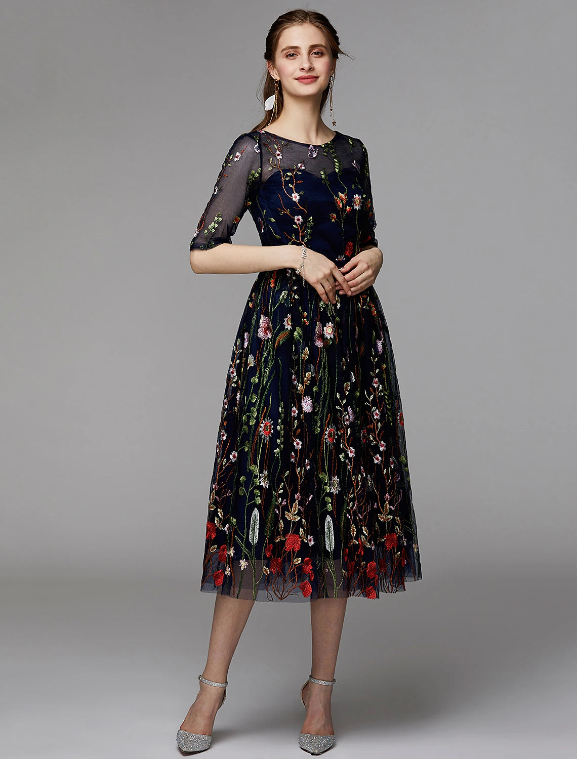 A-Line Party Dress Holiday Tea Length Half Sleeve Illusion Neck Organza with Embroidery Appliques