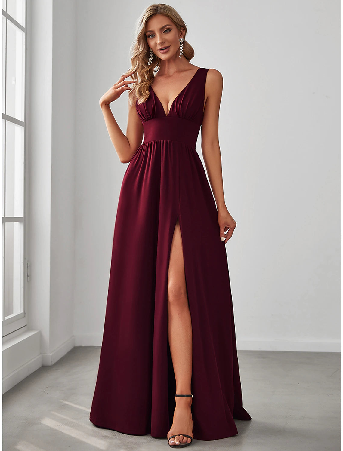 A-Line Prom Dresses High Split Dress Wedding Guest Floor Length Sleeveless V Neck Chiffon V Back with Slit