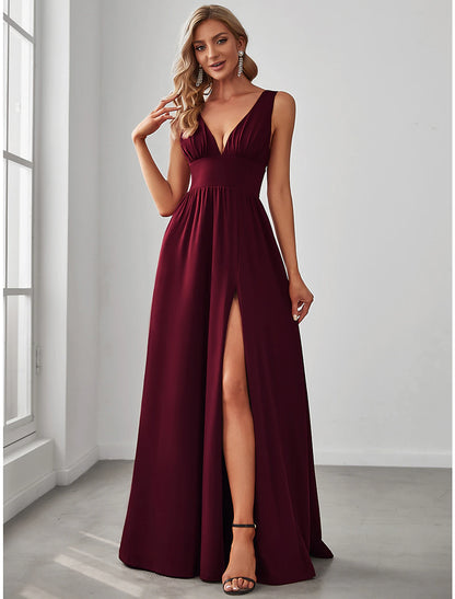 A-Line Prom Dresses High Split Dress Wedding Guest Formal Evening Floor Length Sleeveless V Neck Bridesmaid Dress Chiffon V Back with Slit Pure Color