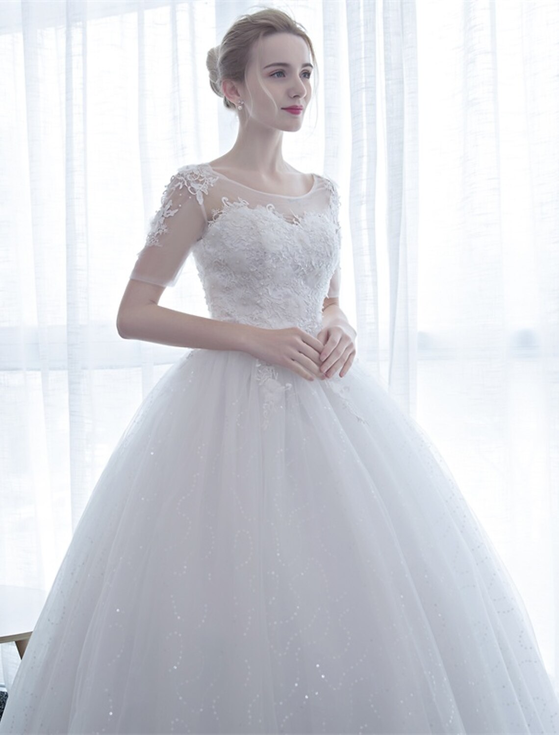 Reception Formal Wedding Dresses Ball Gown Illusion Neck Half Sleeve Floor Length Satin Bridal Gowns With Lace