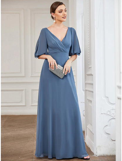 A-Line Evening Gown Minimalist Dress Wedding Guest Floor Length Half Sleeve V Neck Chiffon with Pleats