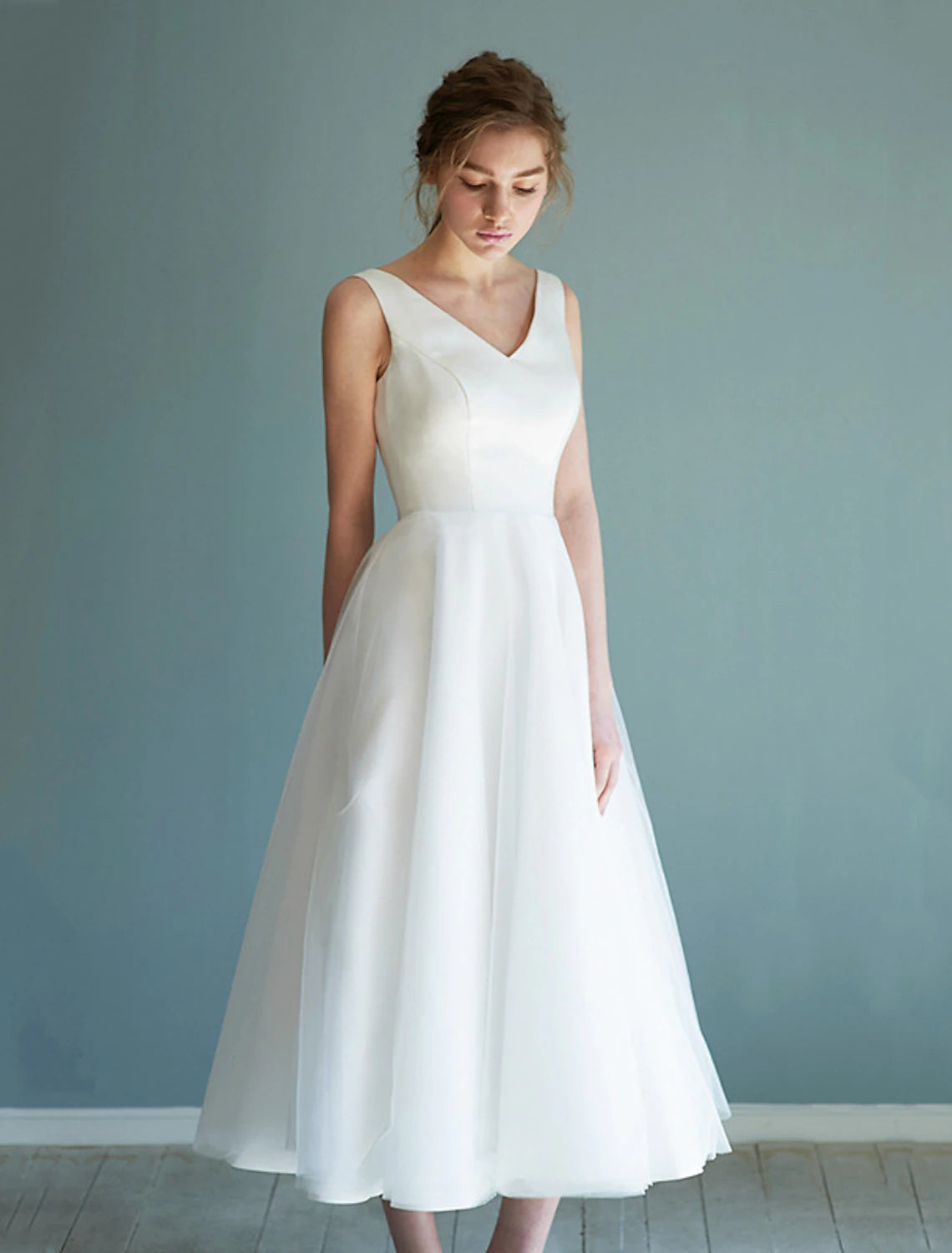 Reception Little White Dresses Wedding Dresses A-Line V Neck Sleeveless Tea Length Satin Bridal Gowns With