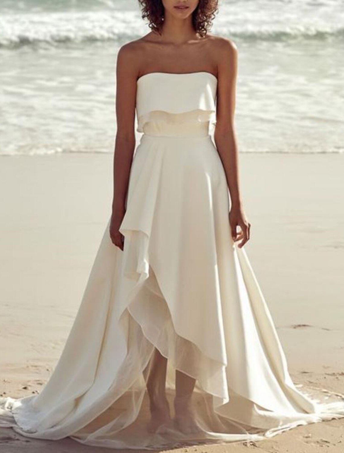 Beach Little White Dresses Wedding Dresses A-Line Off Shoulder Strapless Sweep / Brush Train Satin Bridal Gowns With Pleats Solid Color