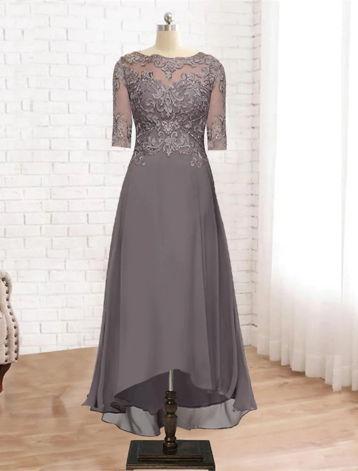 A-Line Mother of the Bride Dress Formal Wedding Guest Elegant High Low Scoop Neck Asymmetrical Tea Length Chiffon Lace Half Sleeve with Pleats Appliques