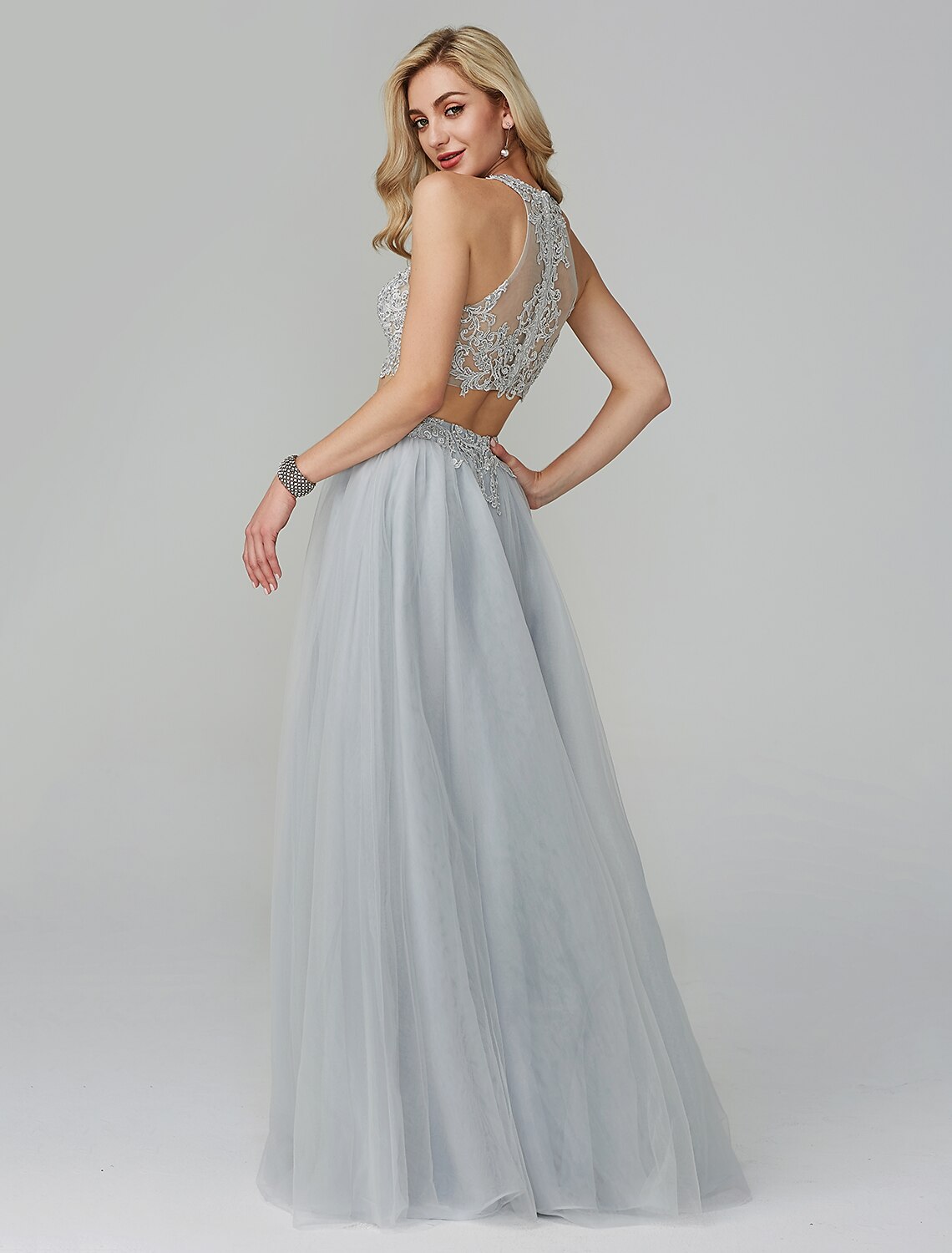 Two Piece Empire Prom Formal Evening Dress Halter Neck Sleeveless Floor Length Lace with Appliques