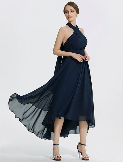 A-Line Cocktail Dresses Elegant Dress Wedding Guest Tea Length Short Sleeve Off Shoulder Convertible Chiffon with Ruched