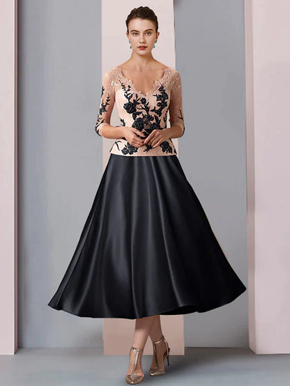 A-Line Mother of the Bride Dress Formal Wedding Guest Party Elegant V Neck Tea Length Satin Lace 3/4 Length Sleeve with Pleats Appliques Color Block