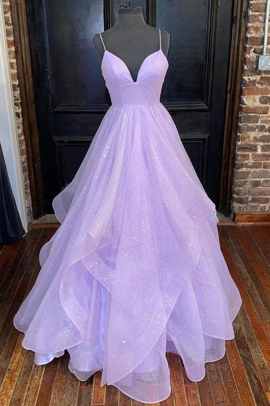 A-line V Neck Princess Tiered Tulle Sparkly Prom Dress