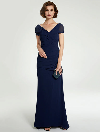 A-Line Mother of the Bride Dress V Neck Floor Length Chiffon Sleeveless with Lace Ruching