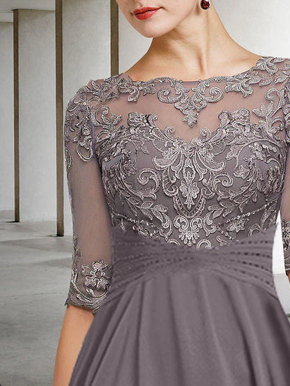 A-Line Mother of the Bride Dress Plus Size Elegant High Low Jewel Neck Asymmetrical Ankle Length Chiffon Lace Half Sleeve with Beading Ruffles Appliques