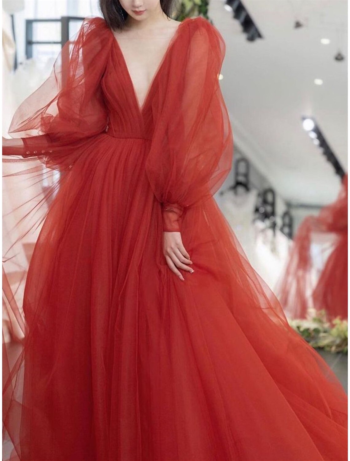 A-Line Prom Dresses Luxurious Dress Engagement Prom Watteau Train Long Sleeve V Neck Tulle V Back with Sleek Pure Color