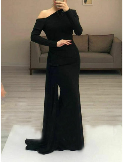 Sheath / Column Evening Gown Elegant Dress Formal Evening Floor Length Long Sleeve One Shoulder Fall Wedding Guest Stretch Fabric with Sleek Ruched