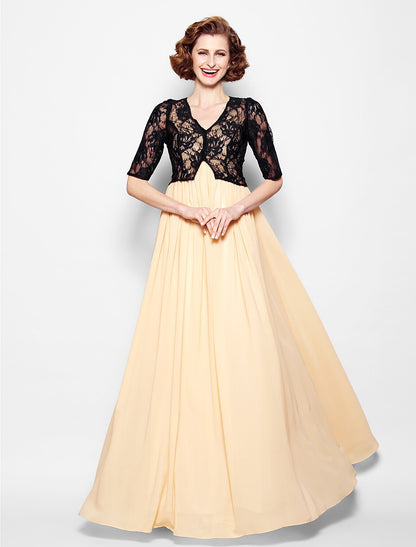 A-Line Mother of the Bride Dress Wrap Included V Neck Floor Length Chiffon Lace Half Sleeve yes with Lace