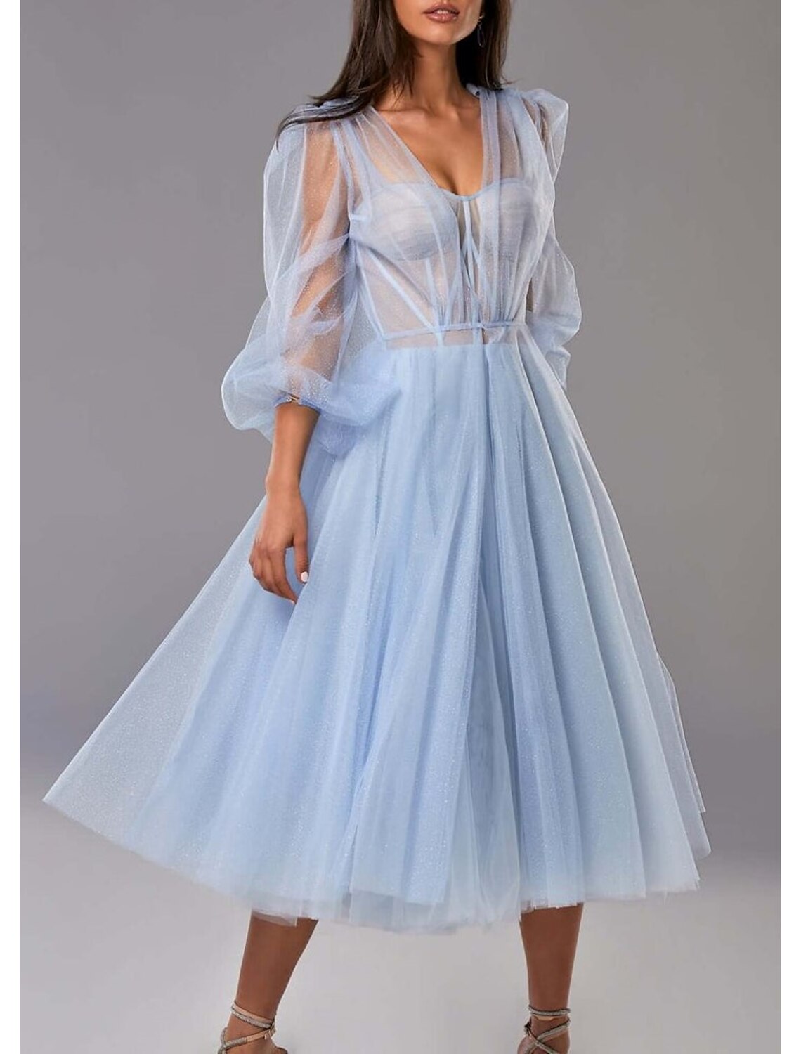 Two Piece A-Line Prom Dresses Elegant Dress Wedding Guest Tea Length Half Sleeve Sweetheart Tulle with Pleats Pure Color