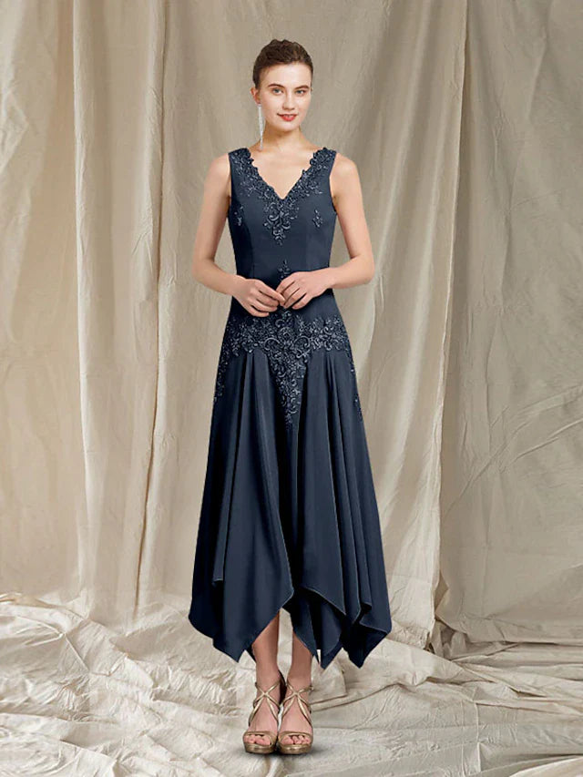 Two Piece A-Line Mother of the Bride Dress Elegant V Neck Ankle Length Chiffon Lace Sleeveless Wrap Included with Pleats Appliques