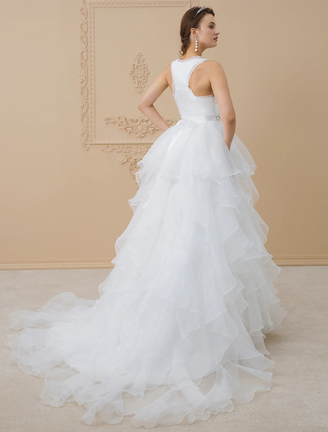 A-Line Scoop Neck Sweep / Brush Train Chiffon / Tulle Made-To-Measure Wedding Dresses with Appliques