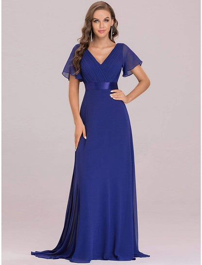 A-Line Evening Gown Party Dress Empire Dress Wedding Guest Formal Evening Floor Length Short Sleeve V Neck Bridesmaid Dress Chiffon V Back with Ruffles Pure Color