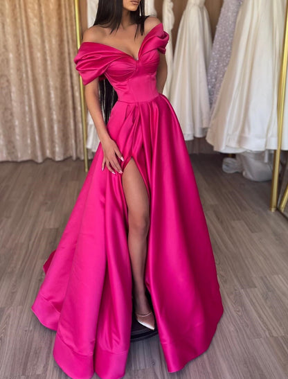 A-Line Evening Gown Party Dress Sexy Dress Prom Birthday Floor Length Short Sleeve Off Shoulder Satin with Slit Pure Color