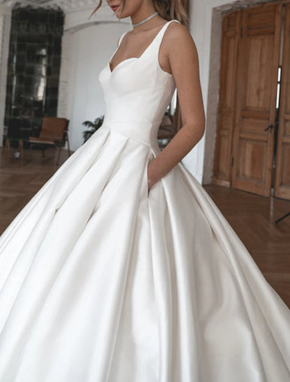 Royal Style Formal Wedding Dresses Ball Gown Square Neck Sleeveless Chapel Train Satin Bridal Gowns With Solid Color