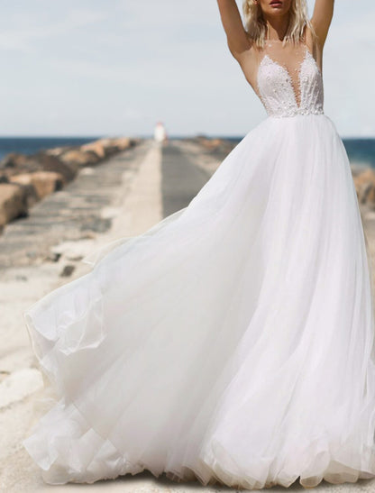 Beach Open Back Boho Wedding Dresses A-Line Sweetheart Sleeveless Court Train Tulle Bridal Gowns With Solid Color