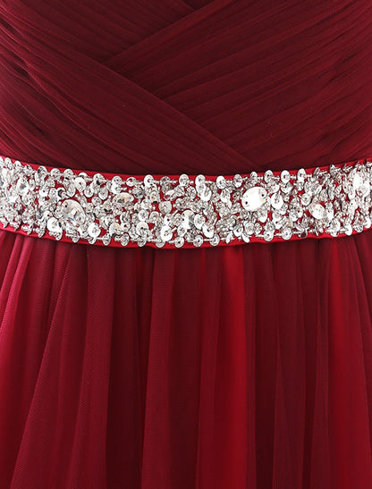 A-Line Elegant Quinceanera Prom Valentine's Day Dress Strapless Sleeveless Chapel Train Satin with Crystals