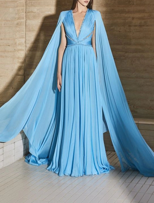 A-Line Evening Gown Sexy Dress Formal Wedding Guest Court Train Sleeveless V Neck Capes Chiffon with Rhinestone Ruched