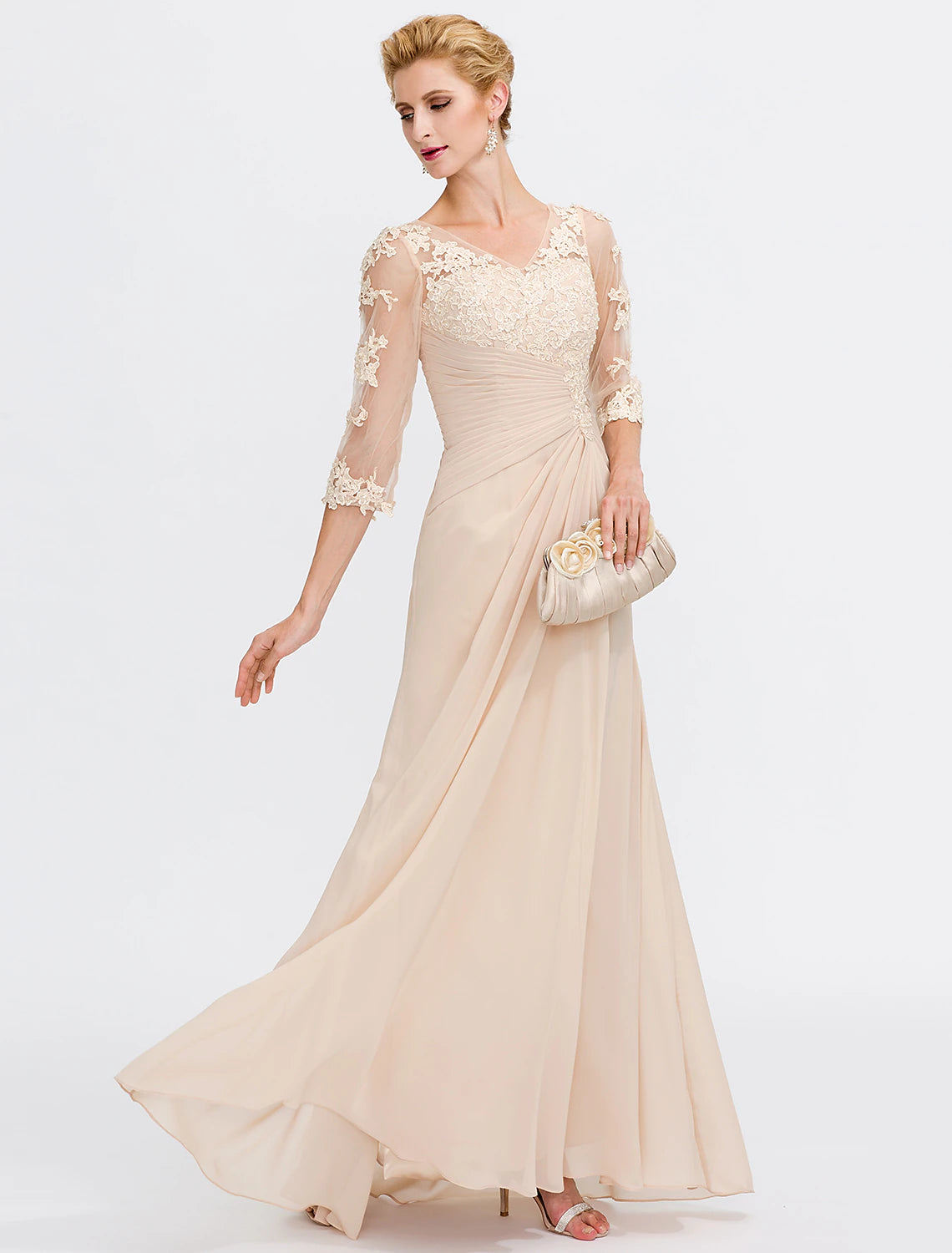 A-Line Mother of the Bride Dress Plus Size Elegant See Through V Neck Floor Length Chiffon Half Sleeve with Appliques Side Draping