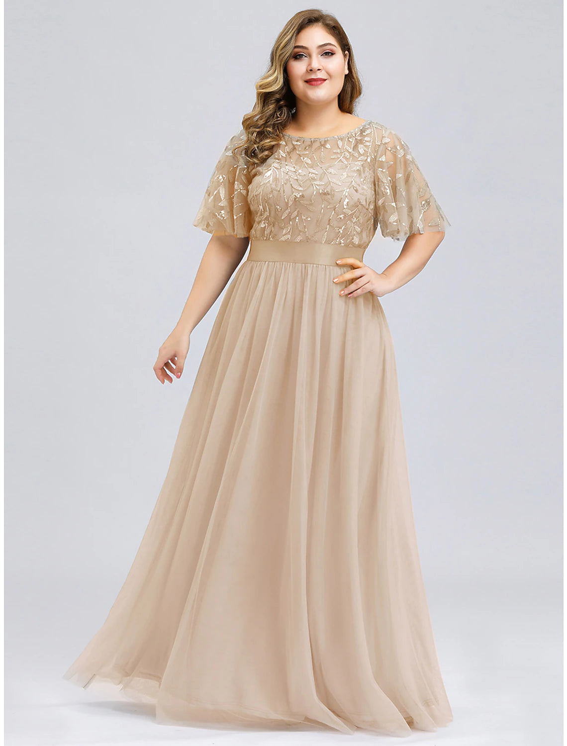 A-Line Prom Dresses Empire Dress Wedding Guest Floor Length Short Sleeve Jewel Neck Tulle with Sequin Appliques