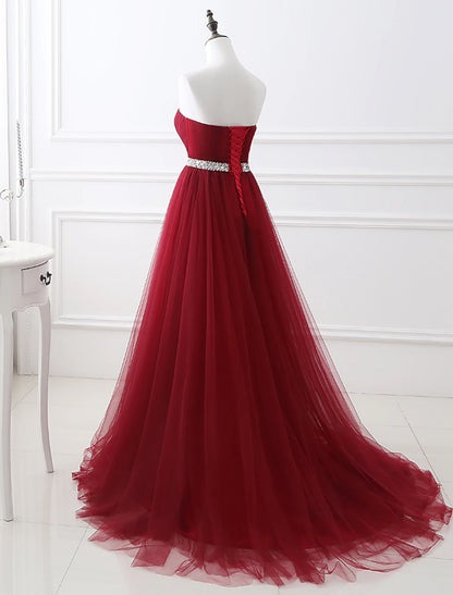 A-Line Elegant Quinceanera Prom Valentine's Day Dress Strapless Sleeveless Chapel Train Satin with Crystals