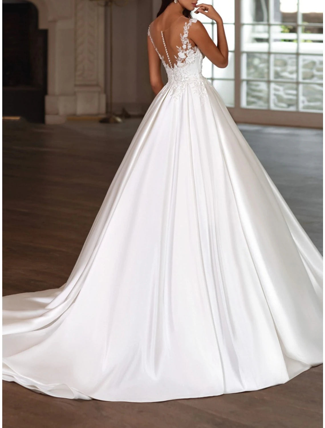 Reception Formal Wedding Dresses A-Line V Neck Sleeveless Court Train Satin Bridal Gowns With Pleats Appliques